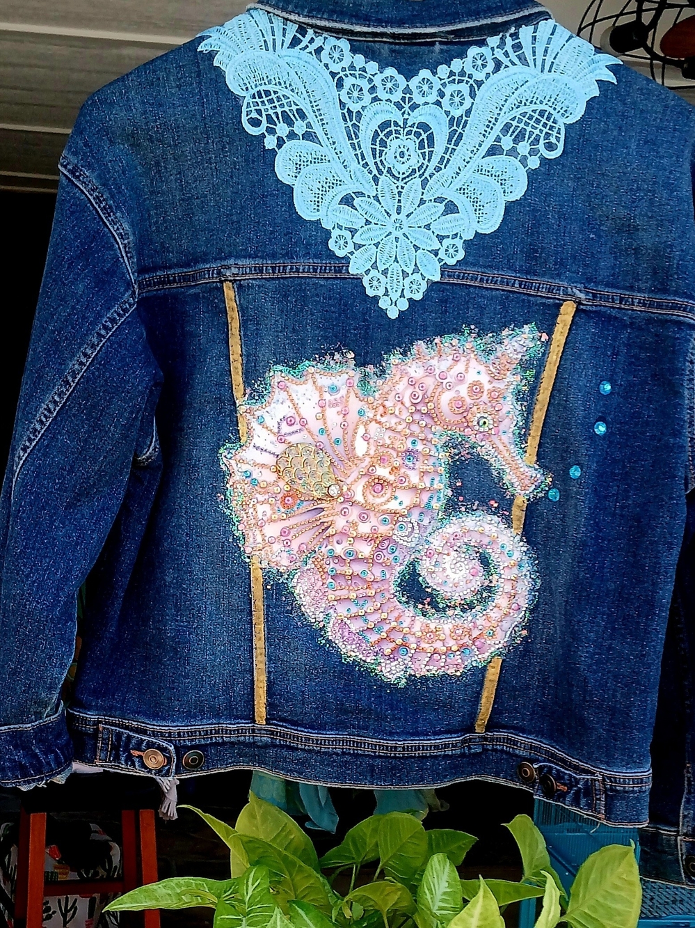 Pre Teen  Size 14/16  Denim Jacket with Pink Sequin Seahorse and Light Blue Lace